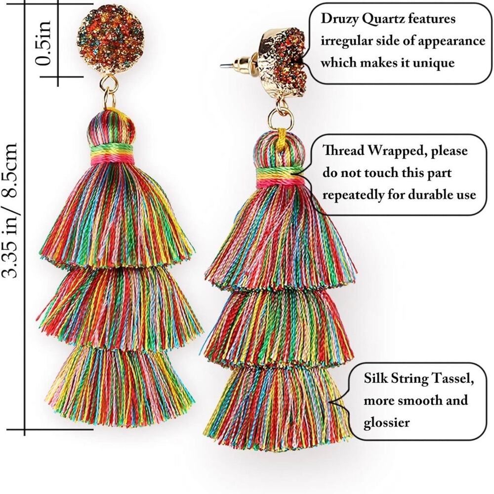 New Me&Hz Colorful Drusy Tiered Tassel Stud Earrings - Picture 4 of 5